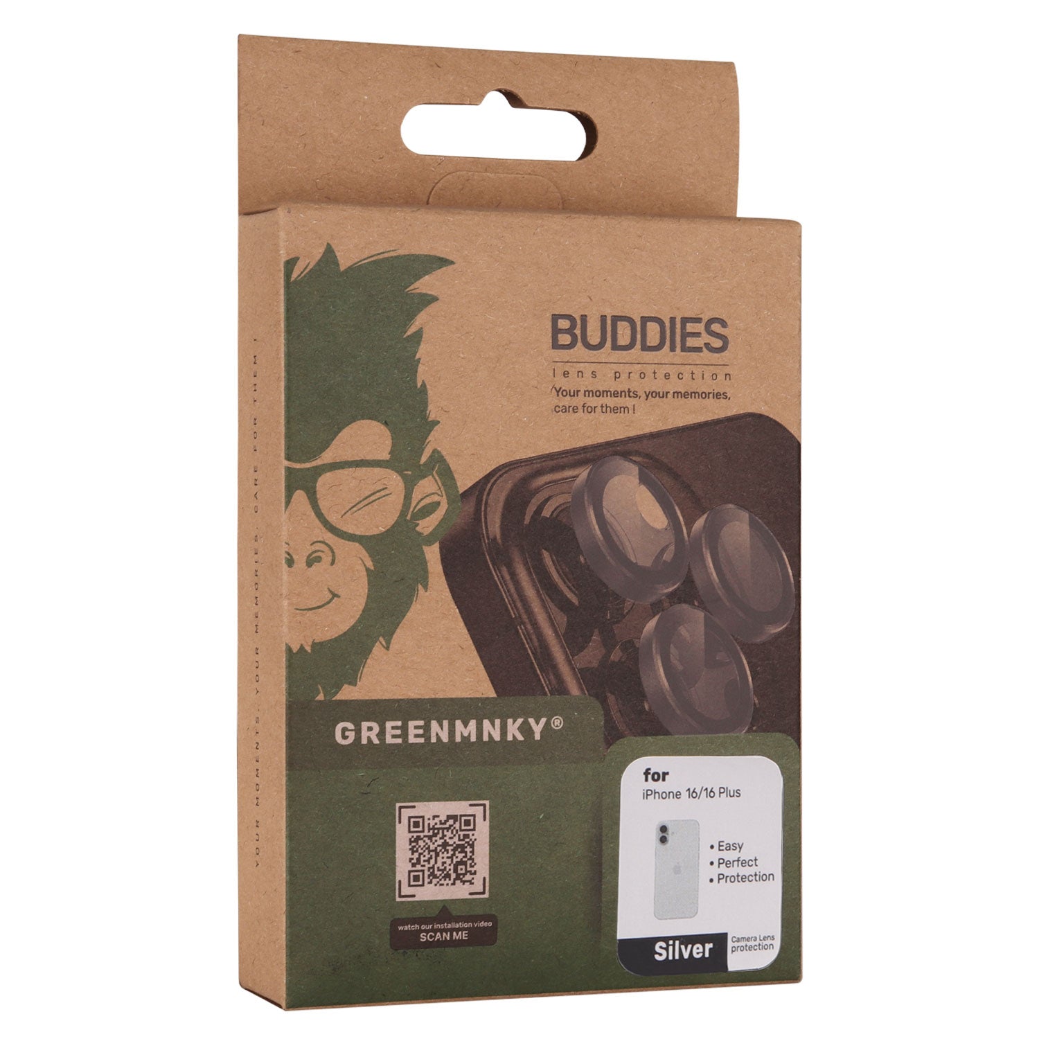 Nachhaltige Verpackung der Greenmnky Buddies Kameraschutzlinsen für iPhone 16 Plus weiß