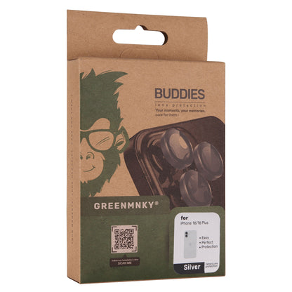 Nachhaltige Verpackung der Greenmnky Buddies Kameraschutzlinsen für iPhone 16 Plus weiß