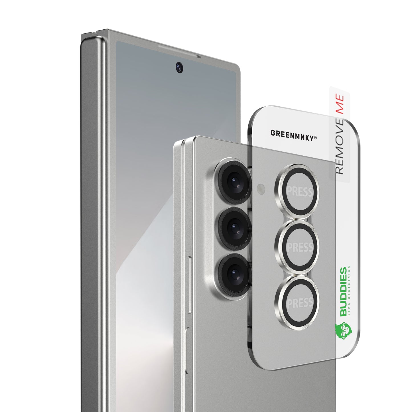 Greenmnky Buddies Kameraschutzlinsen Montage auf Galaxy Fold 6 silber mit Applikator