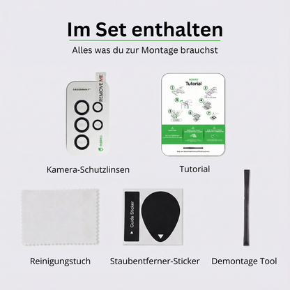 Lieferumfang Greenmnky Buddies Set für Galaxy S24 Ultra Kameraschutz grau Reinigungstuch und Montage-Zubehör