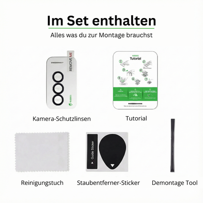 Lieferumfang Greenmnky Buddies Set für Galaxy S25 Plus Kameraschutz silber Reinigungstuch und Montage-Zubehör