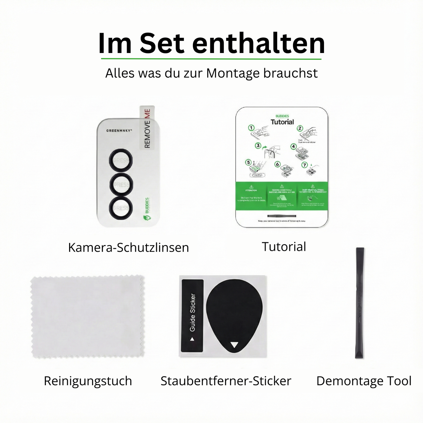 Lieferumfang Greenmnky Buddies Set für Galaxy S25 Kameraschutz schwarz Reinigungstuch und Montage-Zubehör