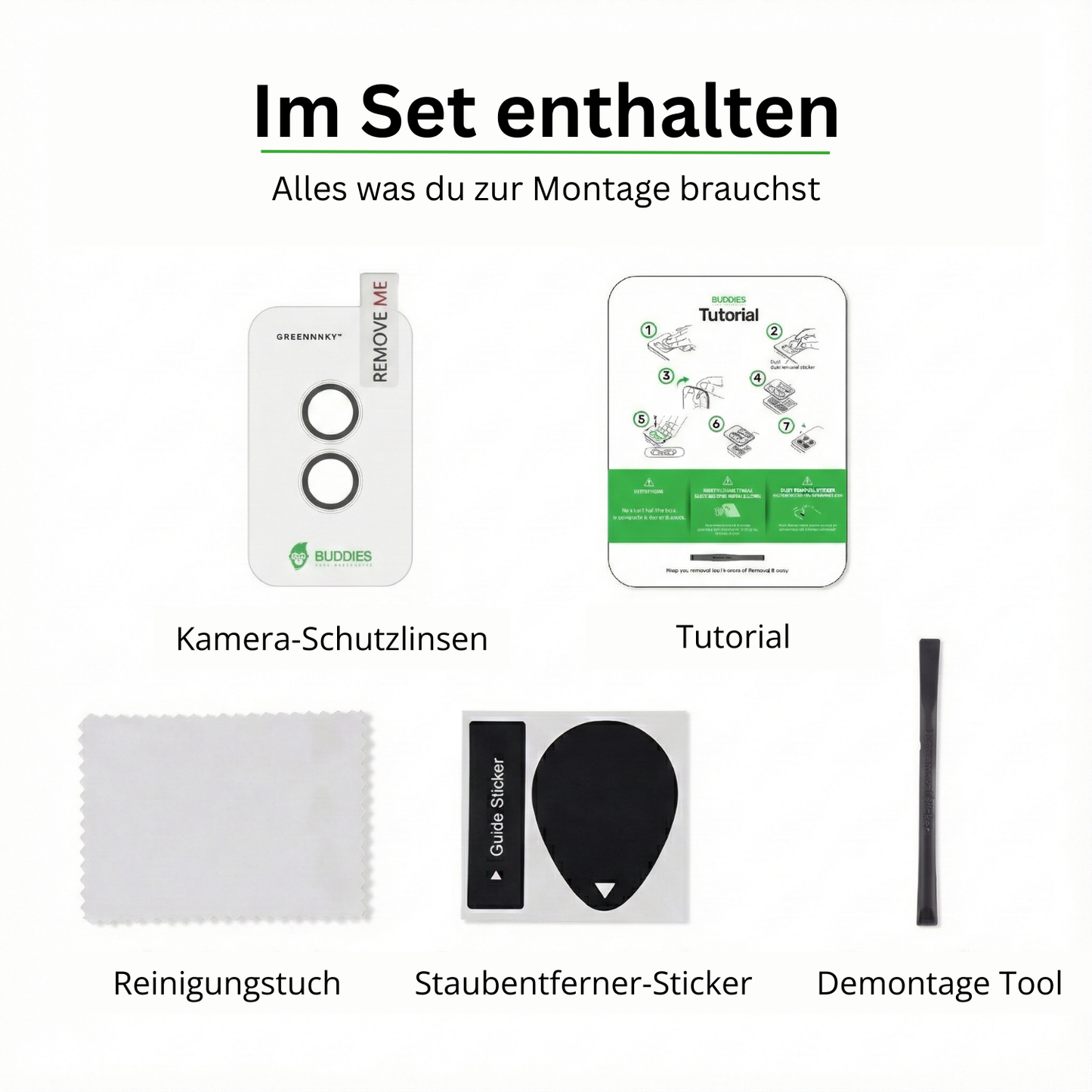 Lieferumfang Greenmnky Buddies Set für Galaxy Z Flip 6 Kameraschutz silber Reinigungstuch und Montage-Zubehör