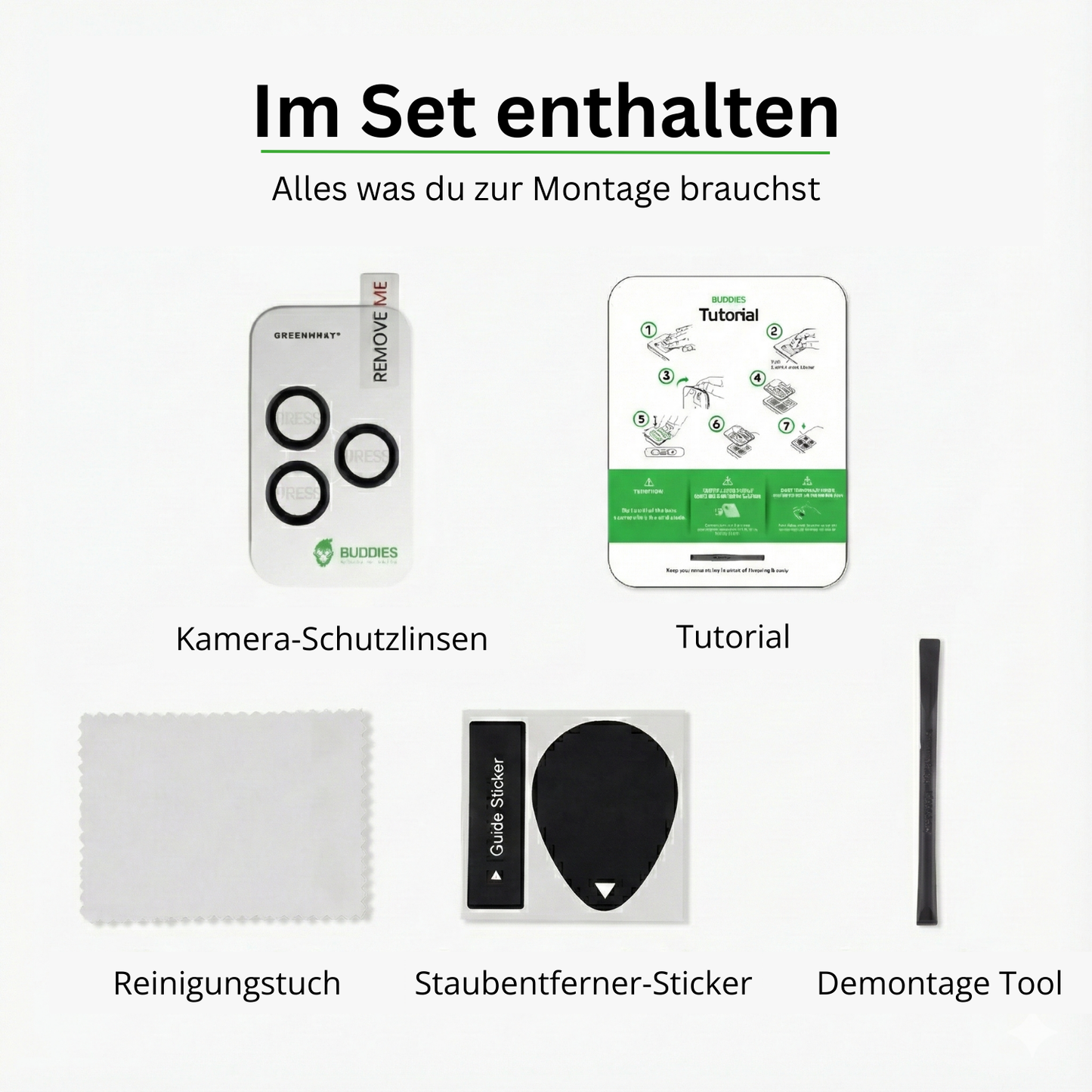Lieferumfang Greenmnky Buddies Set für iPhone 14 Pro Max Kameraschutz schwarz Reinigungstuch und Montage-Zubehör