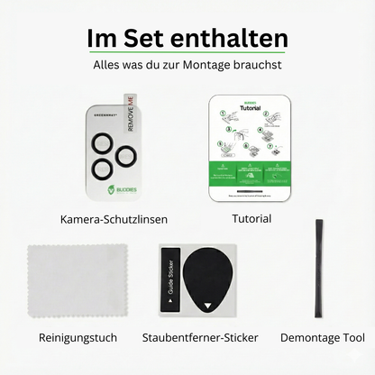 Lieferumfang Greenmnky Buddies Set für iPhone 14 Pro Max Kameraschutz schwarz Reinigungstuch und Montage-Zubehör