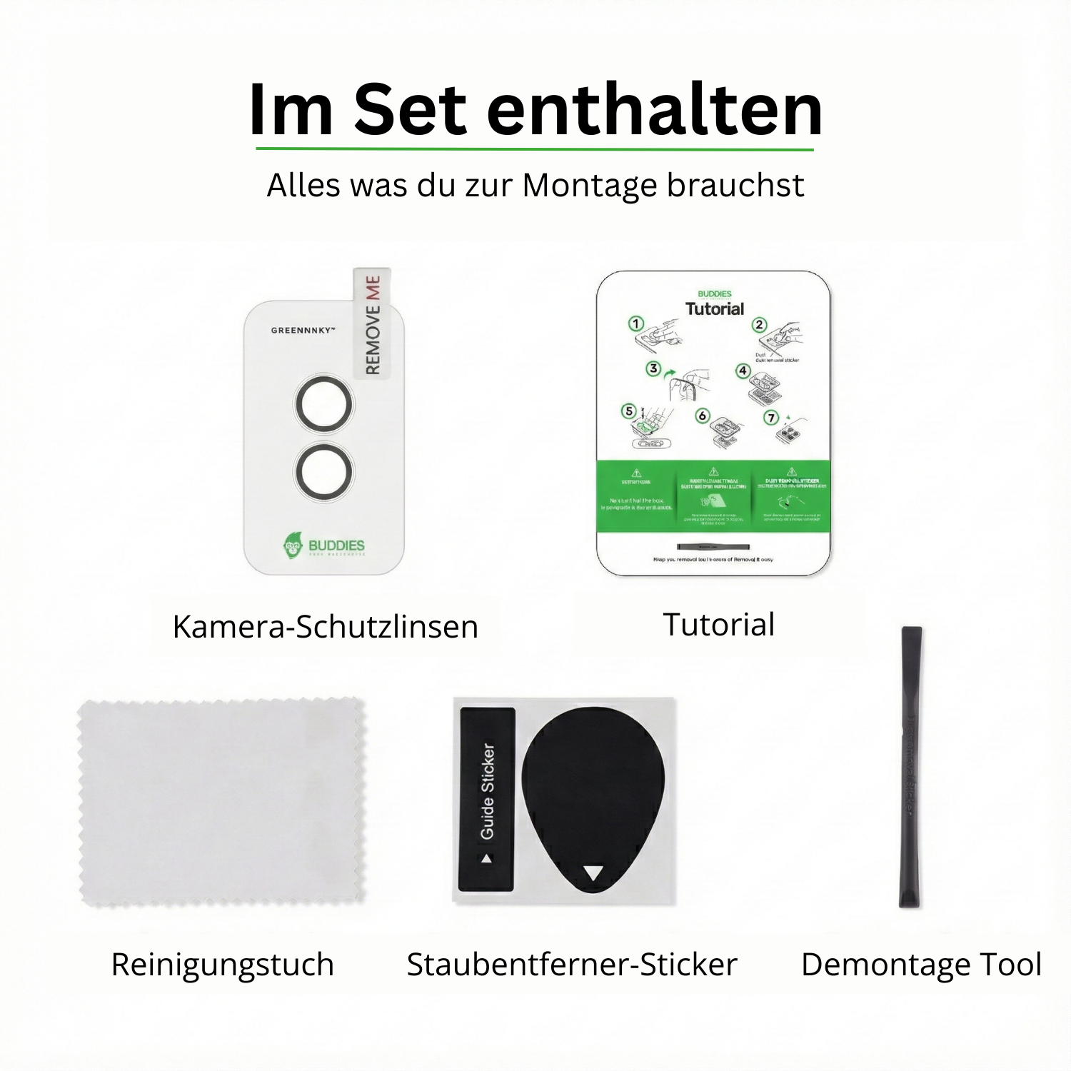 Lieferumfang Greenmnky Buddies Set für iPhone 16 Kameraschutz grün Reinigungstuch und Montage-Zubehör