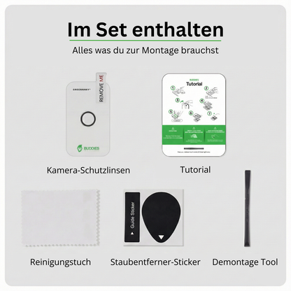 Lieferumfang Greenmnky Buddies Set für iPhone Air Kameraschutz lichtgold Reinigungstuch und Montage-Zubehör