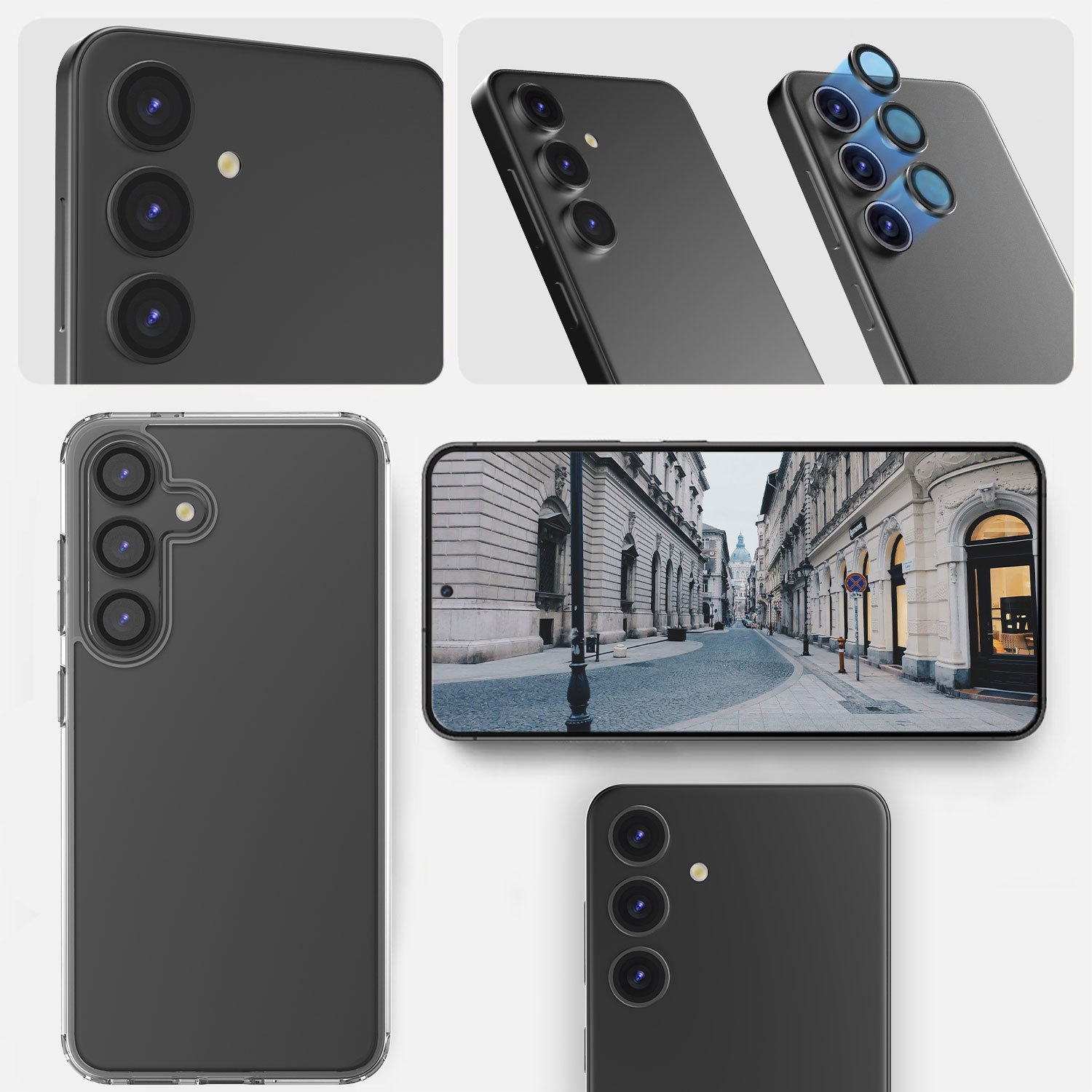 Ansicht der installierten Greenmnky Buddies Kameraschutzlinsen auf Galaxy S24 Plus in schwarz