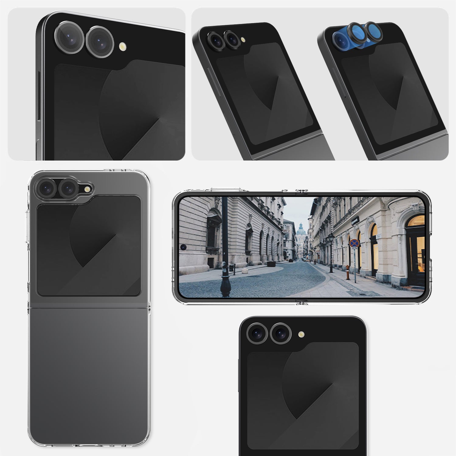 Ansicht der installierten Greenmnky Buddies Kameraschutzlinsen auf Galaxy Z Flip 6 in schwarz