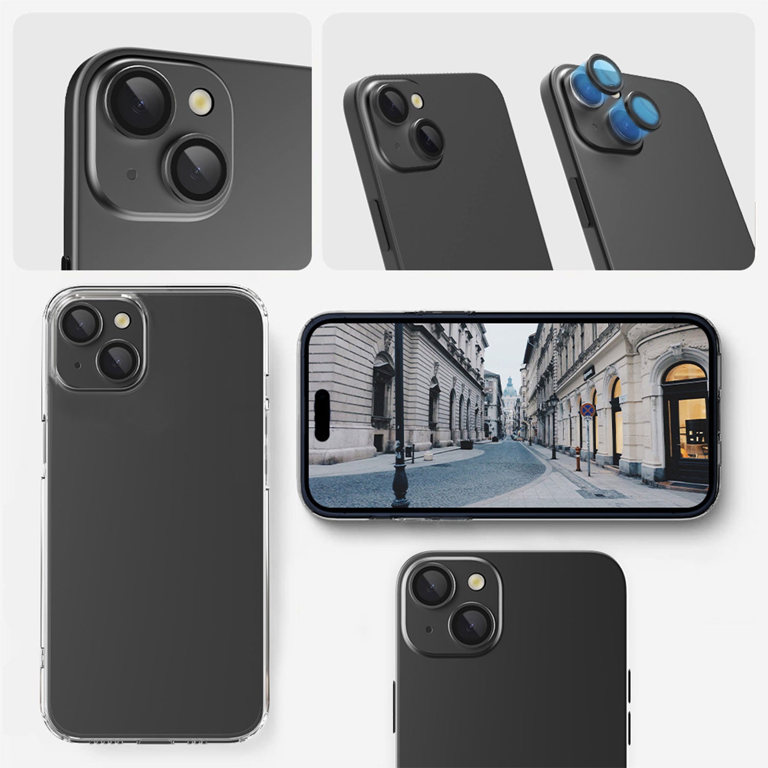 Ansicht der installierten Greenmnky Buddies Kameraschutzlinsen auf iPhone 14 in weiß