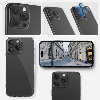 Ansicht der installierten Greenmnky Buddies Kameraschutzlinsen auf iPhone 15 Pro in blau