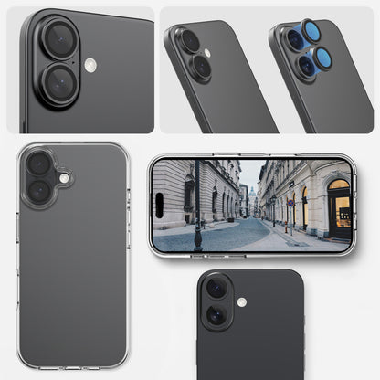 Ansicht der installierten Greenmnky Buddies Kameraschutzlinsen auf iPhone 16 in schwarz