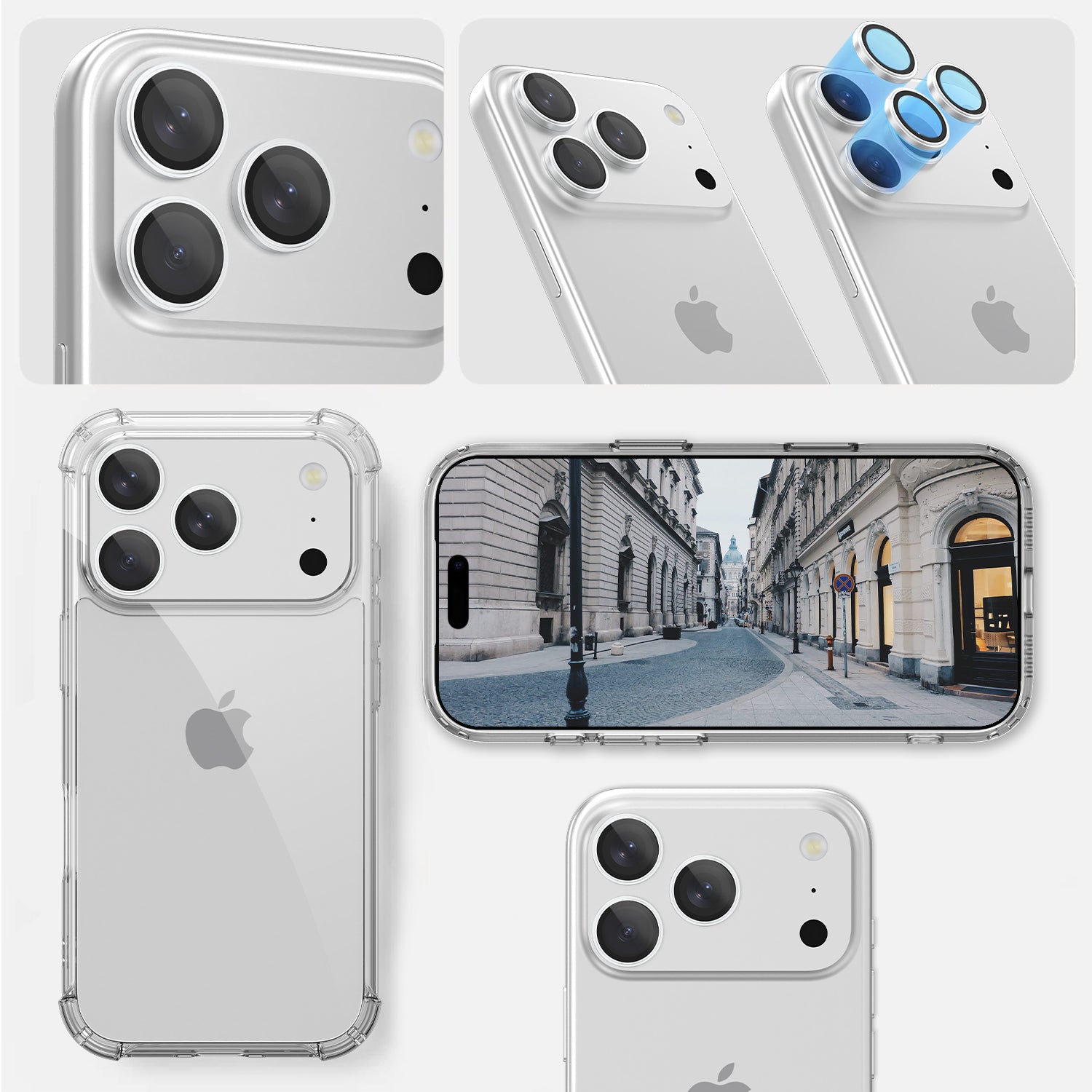 Ansicht der installierten Greenmnky Buddies Kameraschutzlinsen auf iPhone 17 Pro in silber