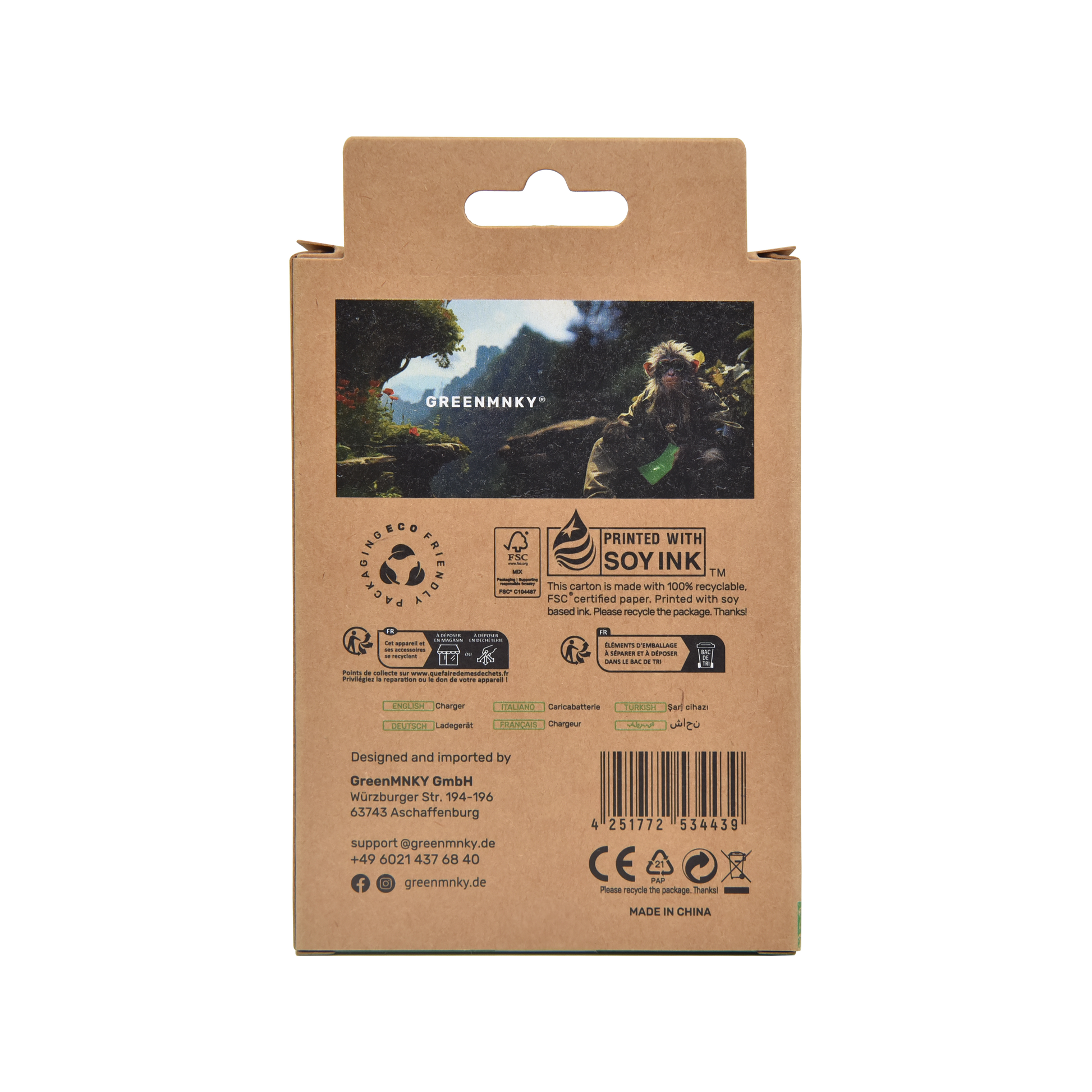 Rückseite der GREENMNKY Speed Series Verpackung mit Produktinfos, Symbolen und Hinweisen