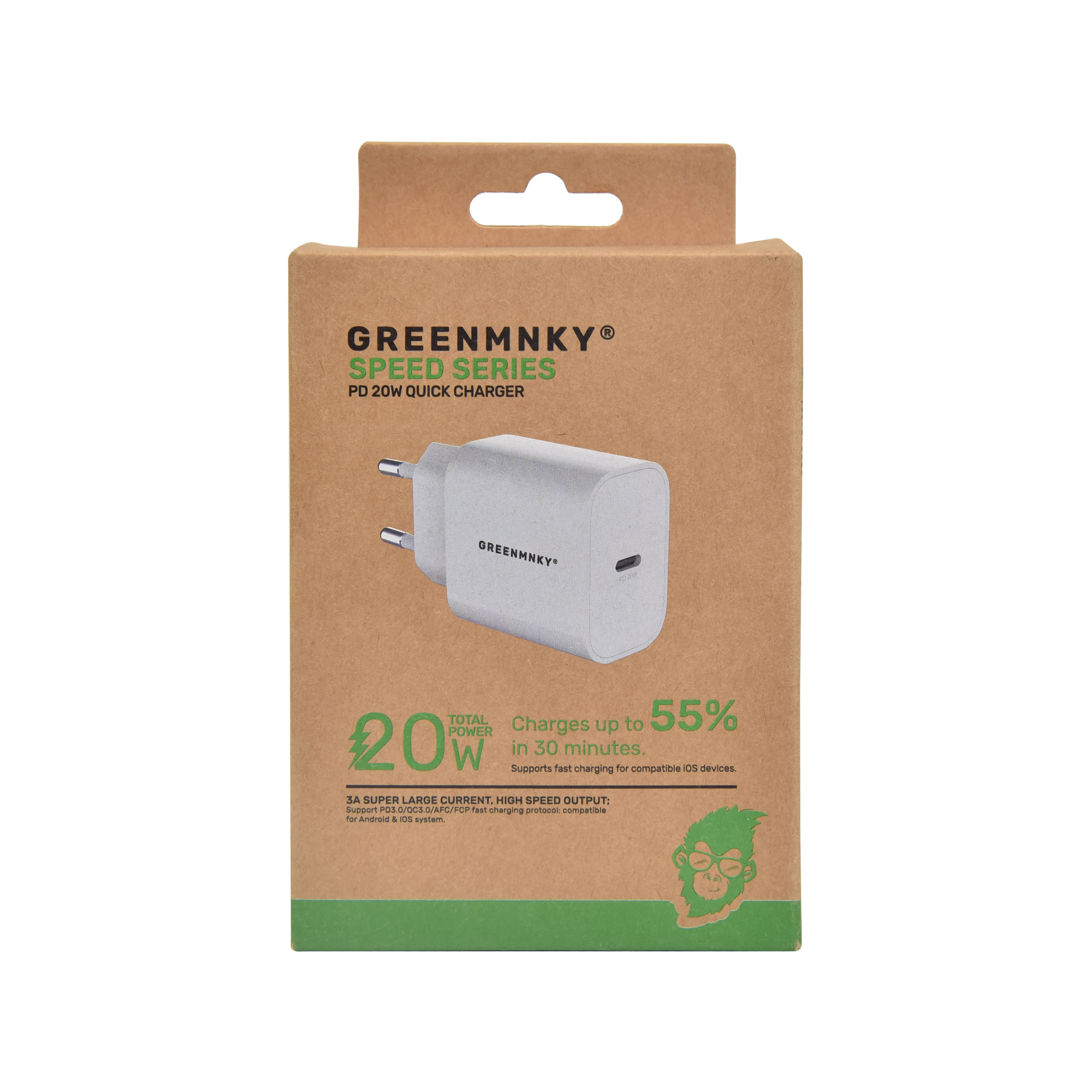 GREENMNKY Speed Series Verpackung im Kraftpapier Look mit Abbildung des USB C Ladegeräts