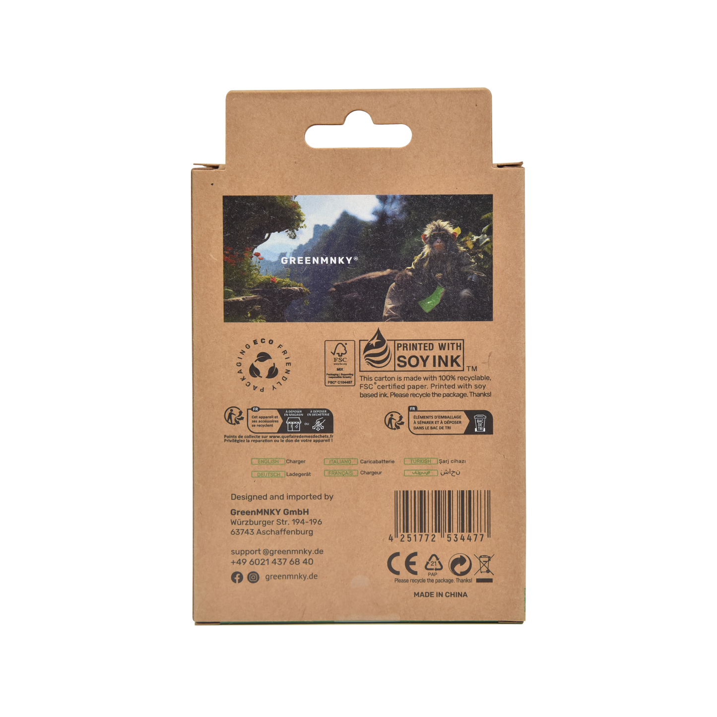Rückseite der GREENMNKY Speed Series Verpackung mit Produktinfos und Symbolen