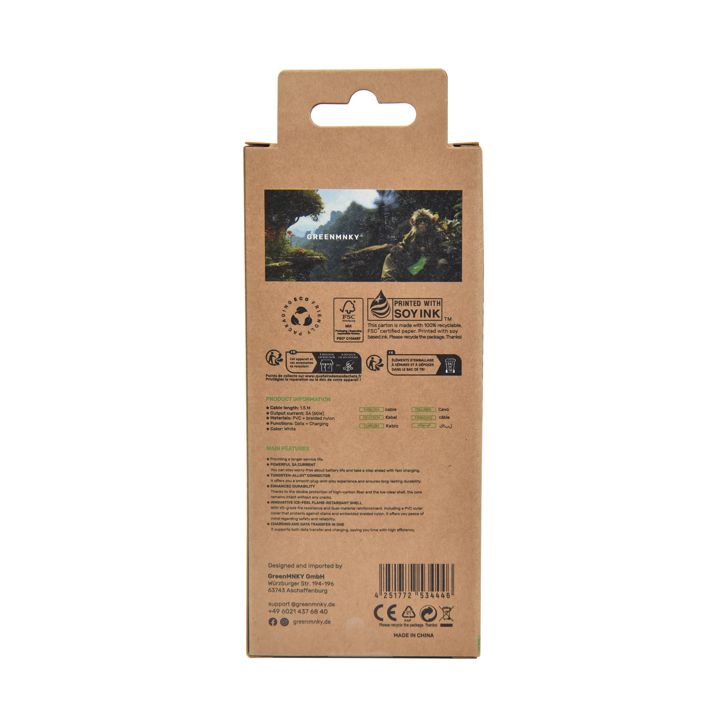 Rückseite der GREENMNKY Speed Series Kabelverpackung mit Produktinfos, Symbolen und Hinweisen