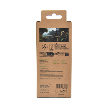 Rückseite der GREENMNKY Speed Series Kabelverpackung mit Produktinfos, Symbolen und Hinweisen