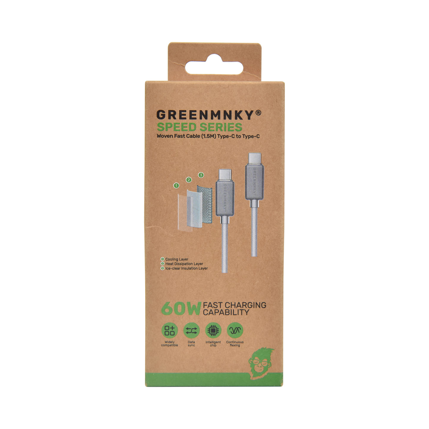 GREENMNKY Speed Series Verpackung im Kraftpapier Look mit Abbildung des USB C auf USB C Kabels