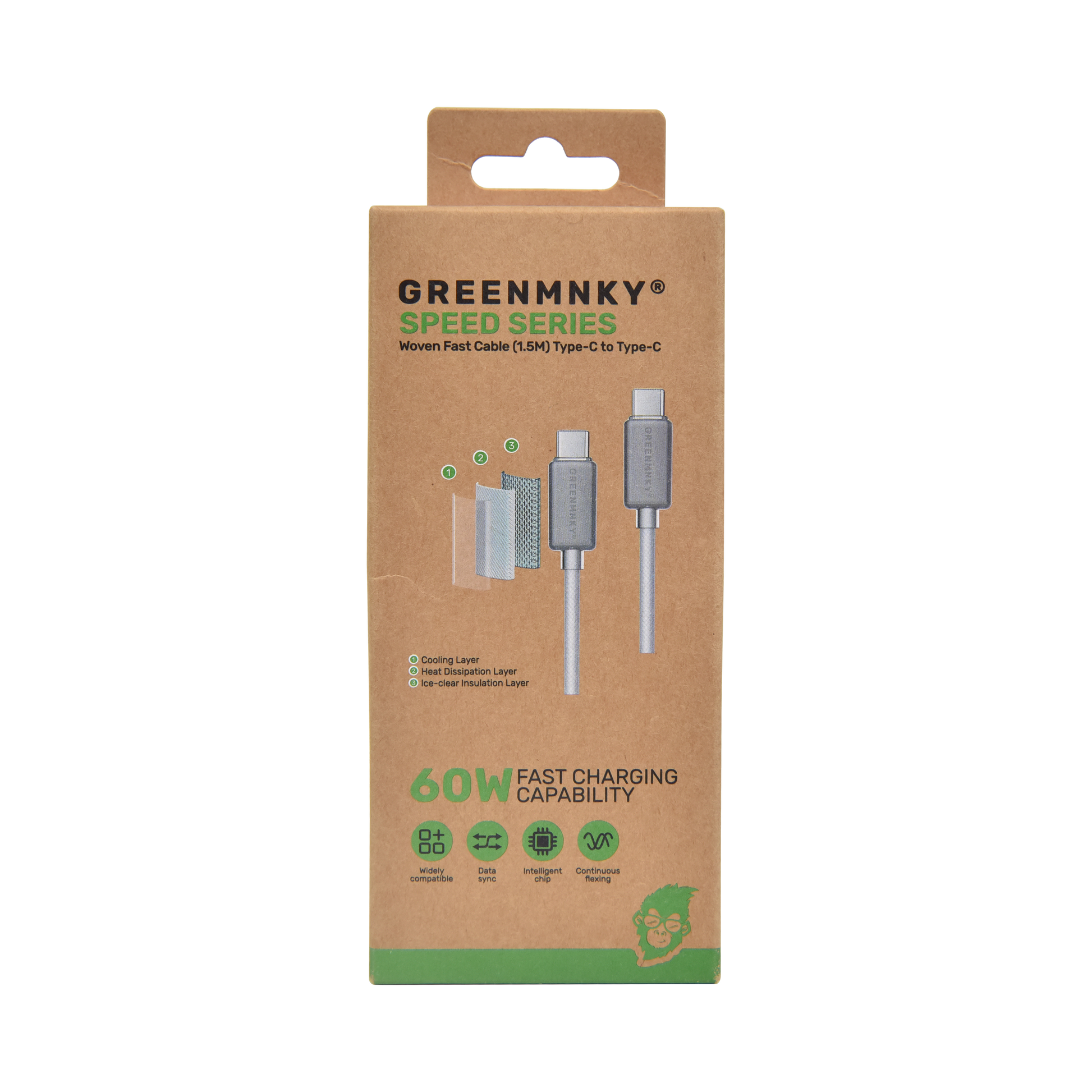 GREENMNKY Speed Series Verpackung im Kraftpapier Look mit Abbildung des USB C auf USB C Kabels