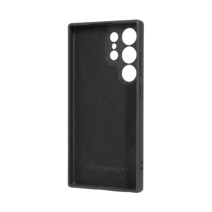 Innenseite der schwarzen Galaxy S24 Ultra Hülle von GREENMNKY mit weichem Innenfutter und Logo, schützt vor Mikrokratzern