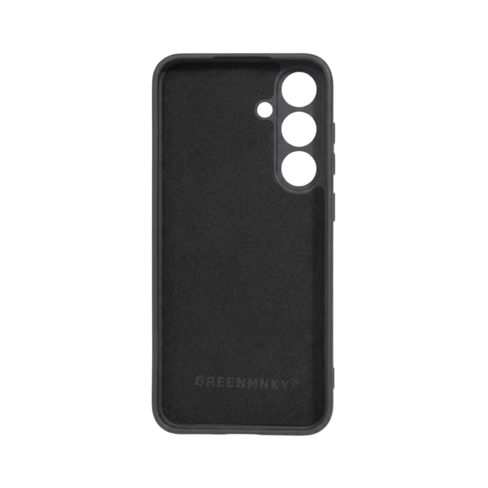 Innenseite der schwarzen Samsung Galaxy S24 Hülle von GREENMNKY mit weichem Innenfutter und Logo, schützt vor Mikrokratzern