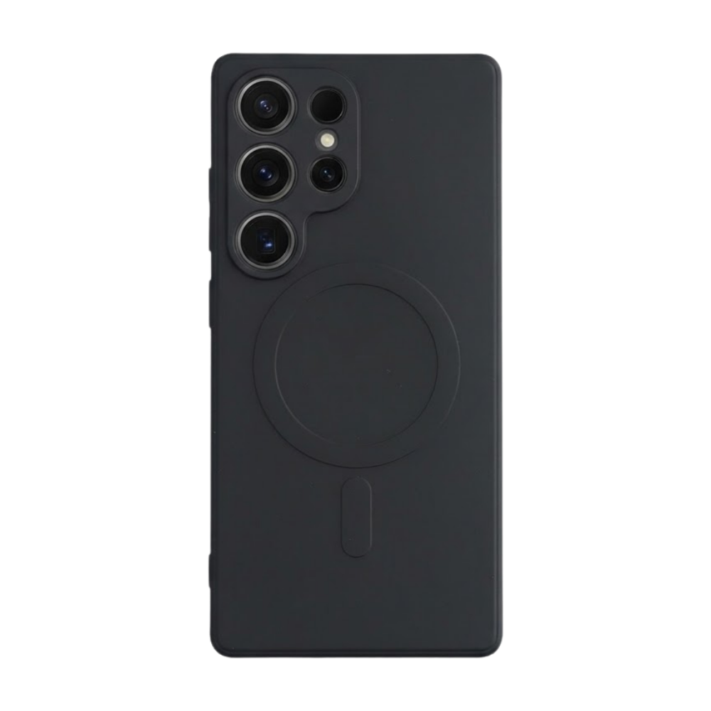 Samsung Galaxy S25 Ultra mit schwarzer GREENMNKY Hülle, MagSafe Ring integriert, cleanes Design für sicheren Schutz