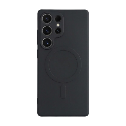 Samsung Galaxy S25 Ultra mit schwarzer GREENMNKY Hülle, MagSafe Ring integriert, cleanes Design für sicheren Schutz