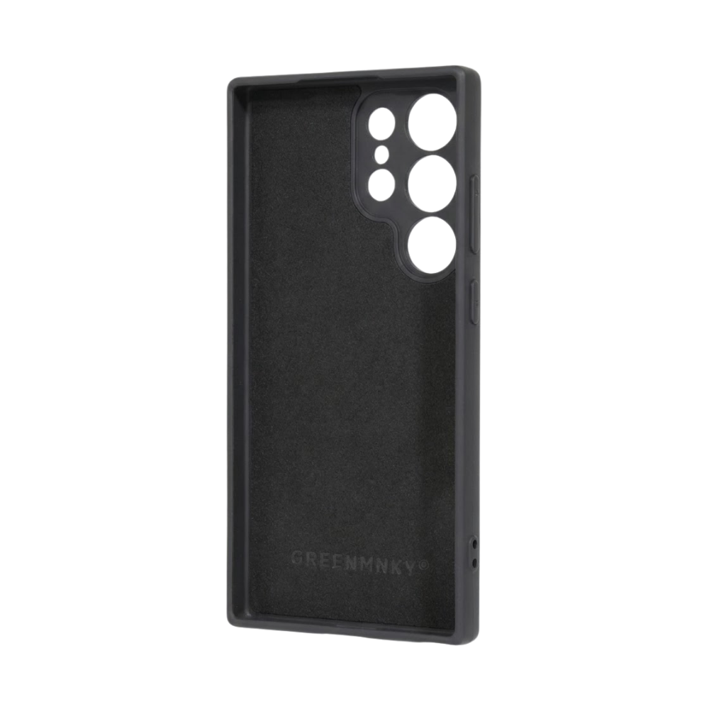 Innenseite der schwarzen Galaxy S25 Ultra Hülle von GREENMNKY mit weichem Innenfutter und Logo, schützt vor Mikrokratzern