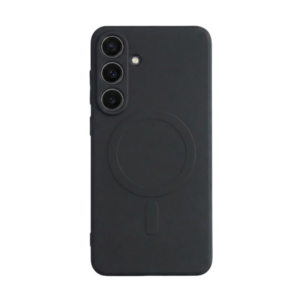 Samsung Galaxy S25 mit schwarzer GREENMNKY Hülle, MagSafe Ring integriert, cleanes Design für sicheren Schutz