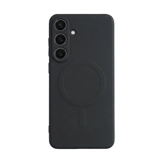 Samsung Galaxy S25 mit schwarzer GREENMNKY Hülle, MagSafe Ring integriert, cleanes Design für sicheren Schutz