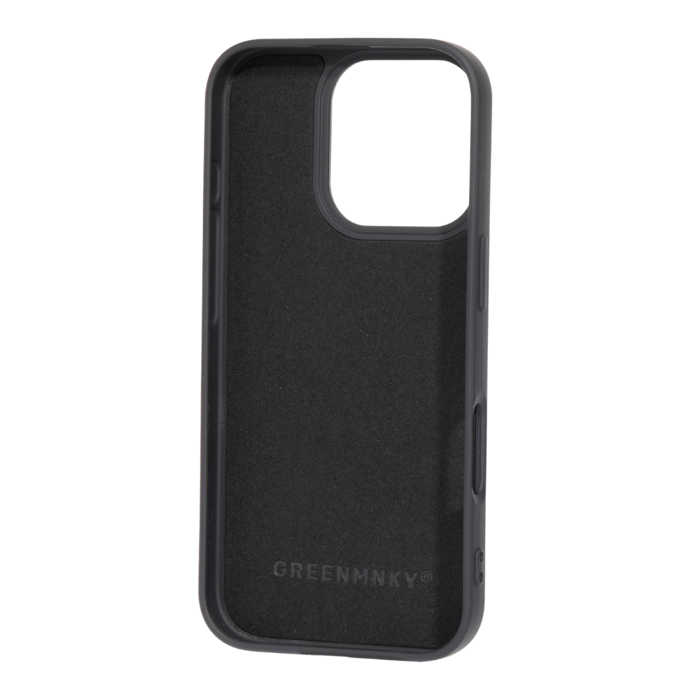 Innenseite der schwarzen iPhone 13 Pro Max Hülle von GREENMNKY mit weichem Innenfutter und Logo, schützt vor Mikrokratzern