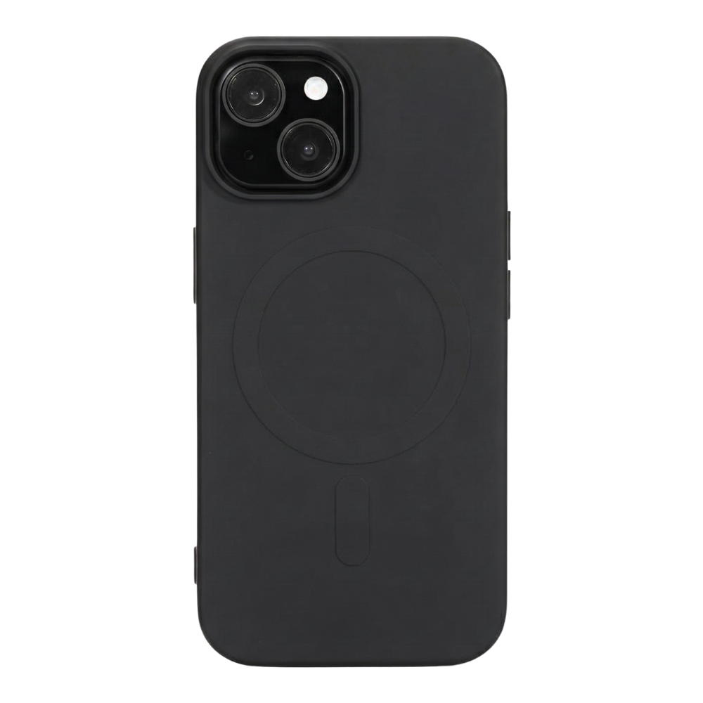 iPhone 14 mit schwarzer GREENMNKY Hülle, MagSafe Ring integriert, cleanes Design für sicheren Schutz