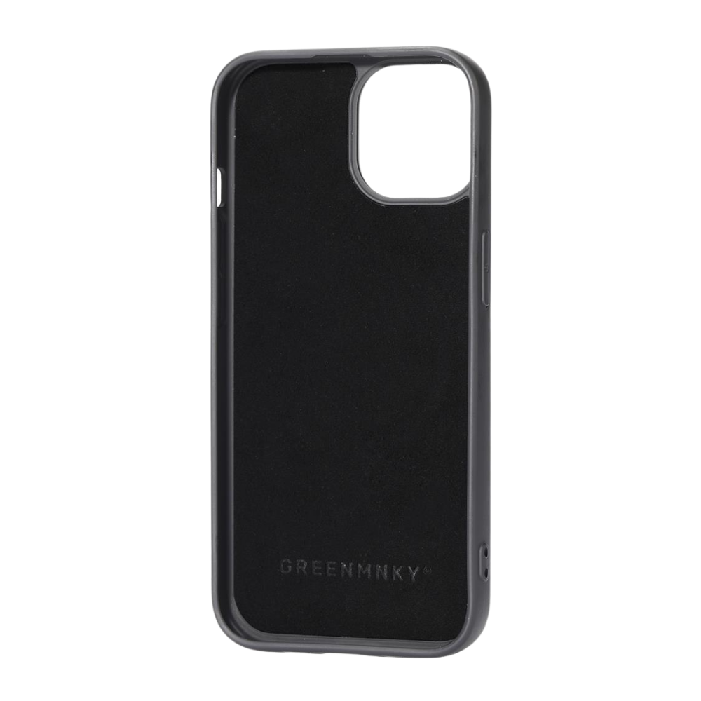 Innenseite der schwarzen iPhone 14 Hülle von GREENMNKY mit weichem Innenfutter und Logo, schützt vor Mikrokratzern