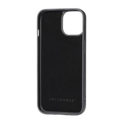 Innenseite der schwarzen iPhone 14 Hülle von GREENMNKY mit weichem Innenfutter und Logo, schützt vor Mikrokratzern