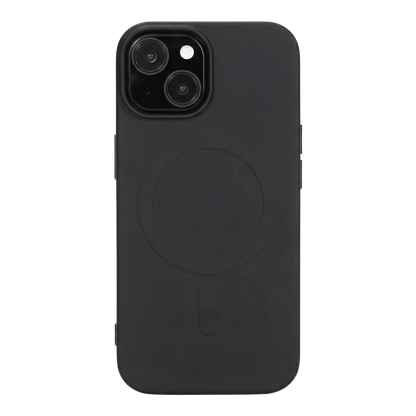 iPhone 15 Plus mit schwarzer GREENMNKY Hülle, MagSafe Ring integriert, cleanes Design für sicheren Schutz