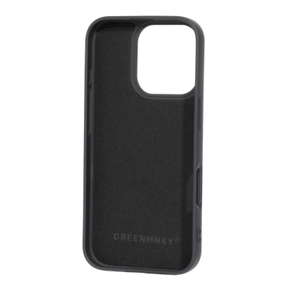 Innenseite der schwarzen iPhone 16 Pro Hülle von GREENMNKY mit weichem Innenfutter und Logo, schützt vor Mikrokratzern