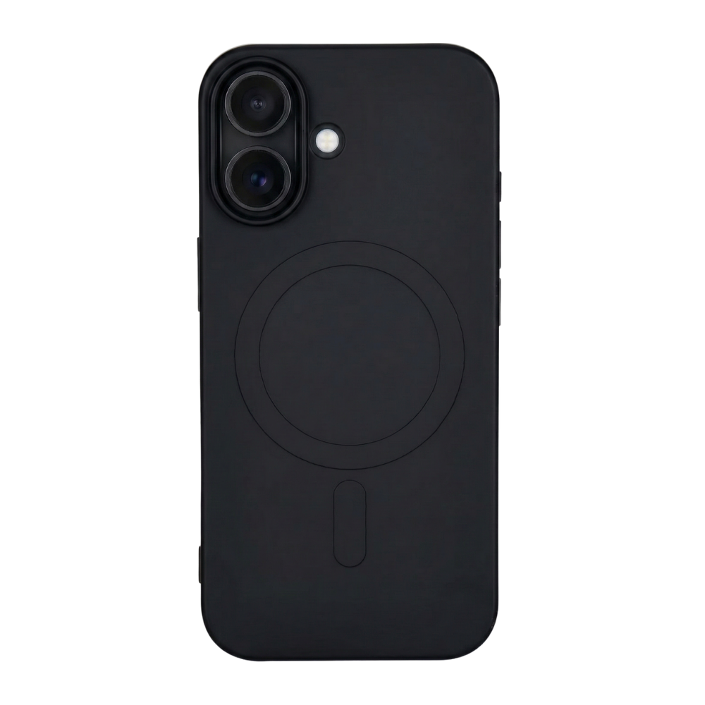 iPhone 16 mit schwarzer GREENMNKY Hülle, MagSafe Ring integriert, cleanes Design für sicheren Schutz