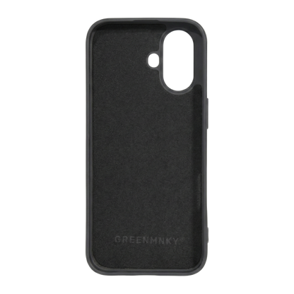 Innenseite der schwarzen iPhone 16 Hülle von GREENMNKY mit weichem Innenfutter und Logo, schützt vor Mikrokratzern