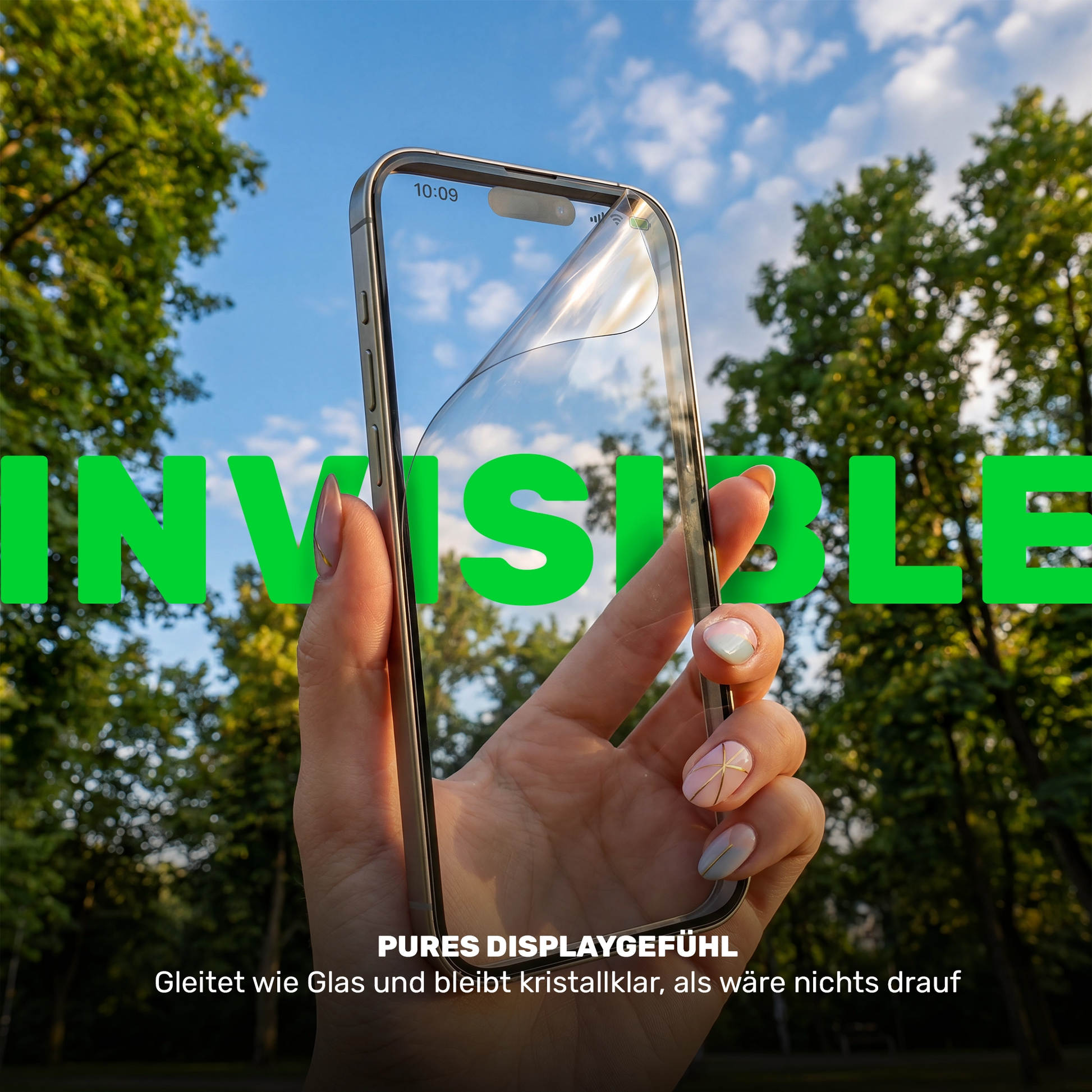 Hand hält Smartphone im Park, Schutzfolie wird abgezogen, Schriftzug INVISIBLE zeigt CrystalClear Effekt