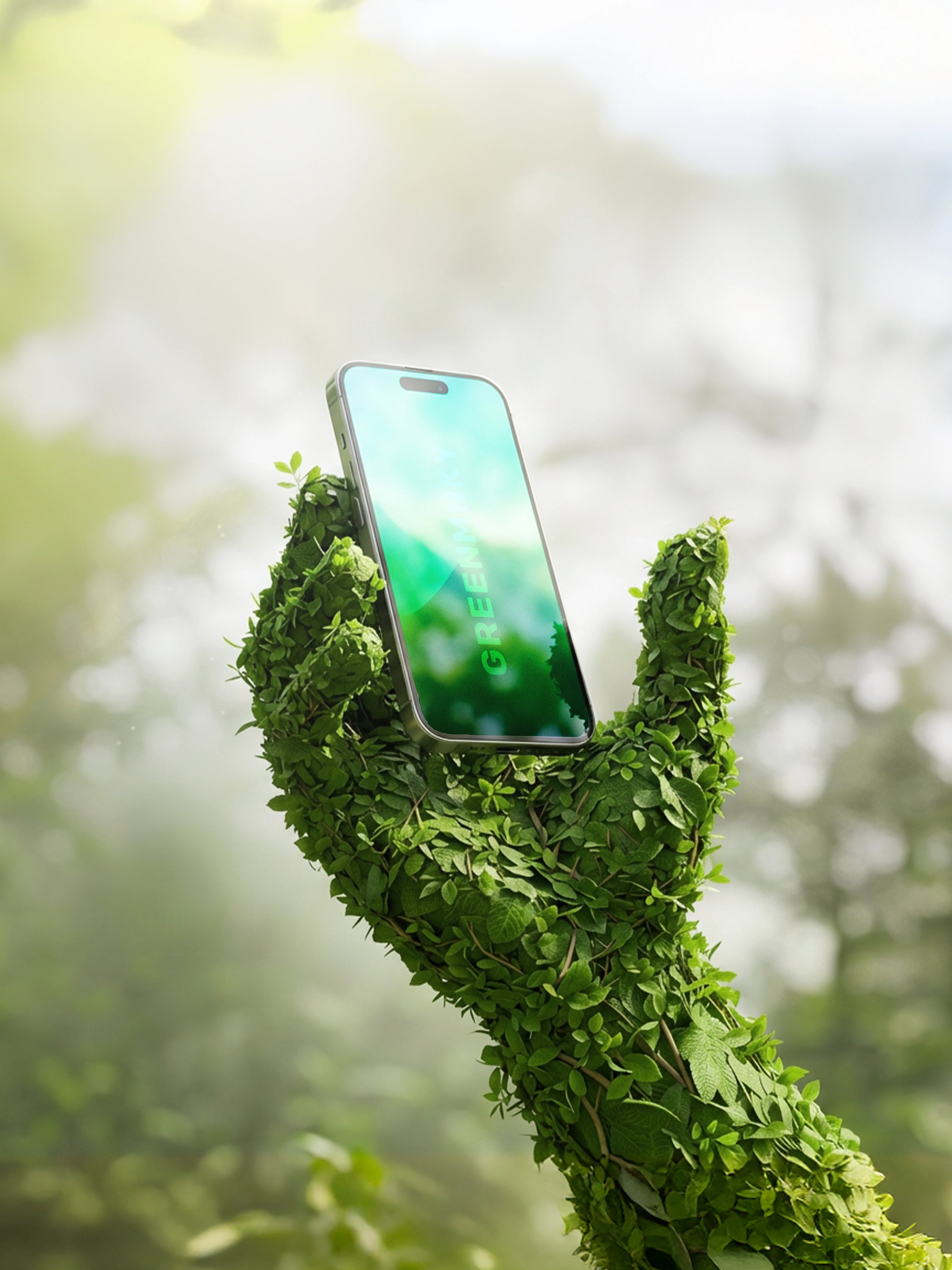 Grüne Hand aus Blättern hält ein Smartphone mit GREENMNKY Schriftzug vor unscharfem Wald Hintergrund und weichem Tageslicht