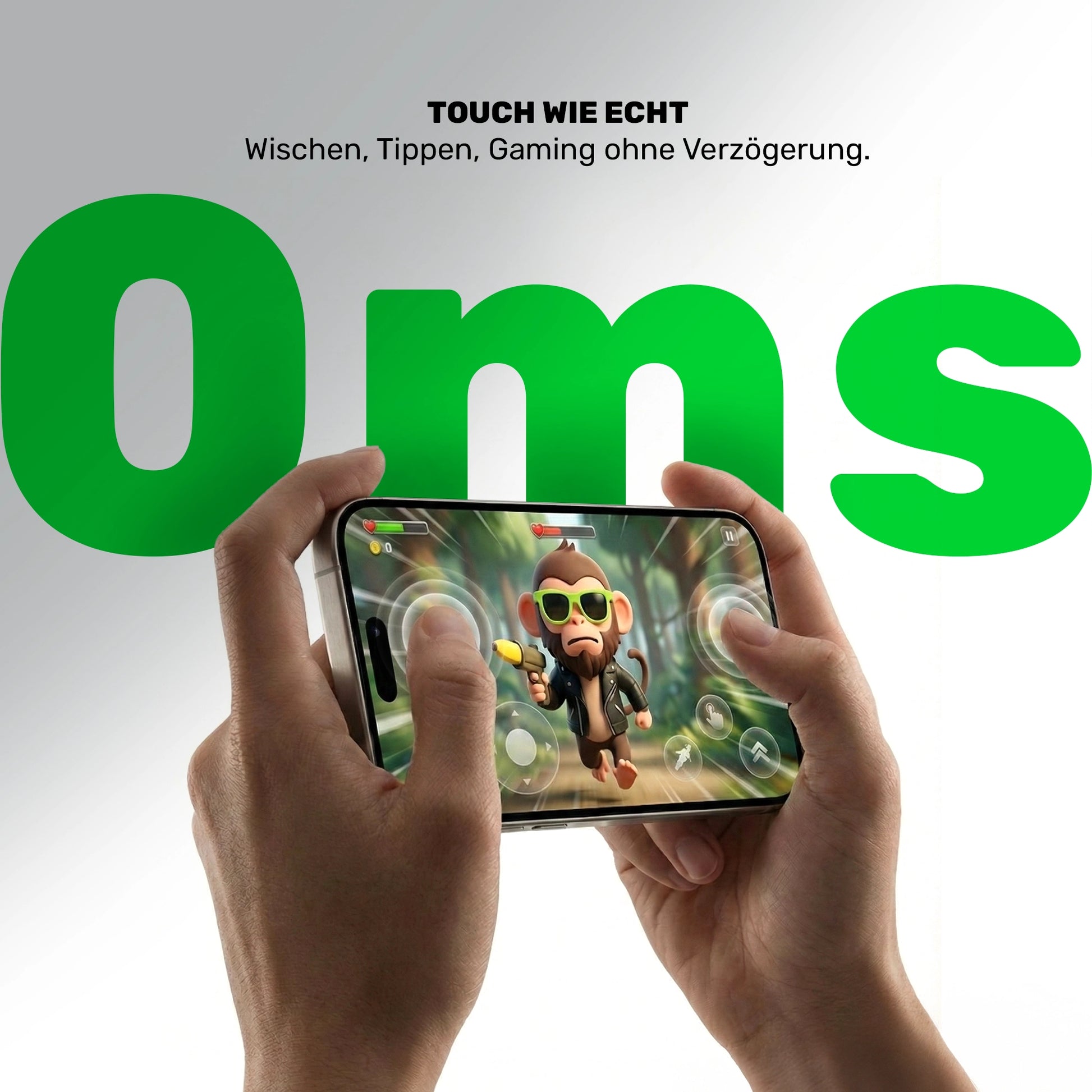 Panzerfolie Touch Reaktion, Hände spielen am Smartphone im Querformat, 0ms Motiv zeigt sofortiges Tippen ohne Verzögerung