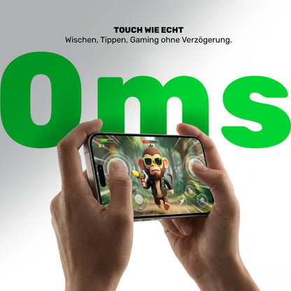 Panzerfolie Touch Reaktion, Hände spielen am Smartphone im Querformat, 0ms Motiv zeigt sofortiges Tippen ohne Verzögerung