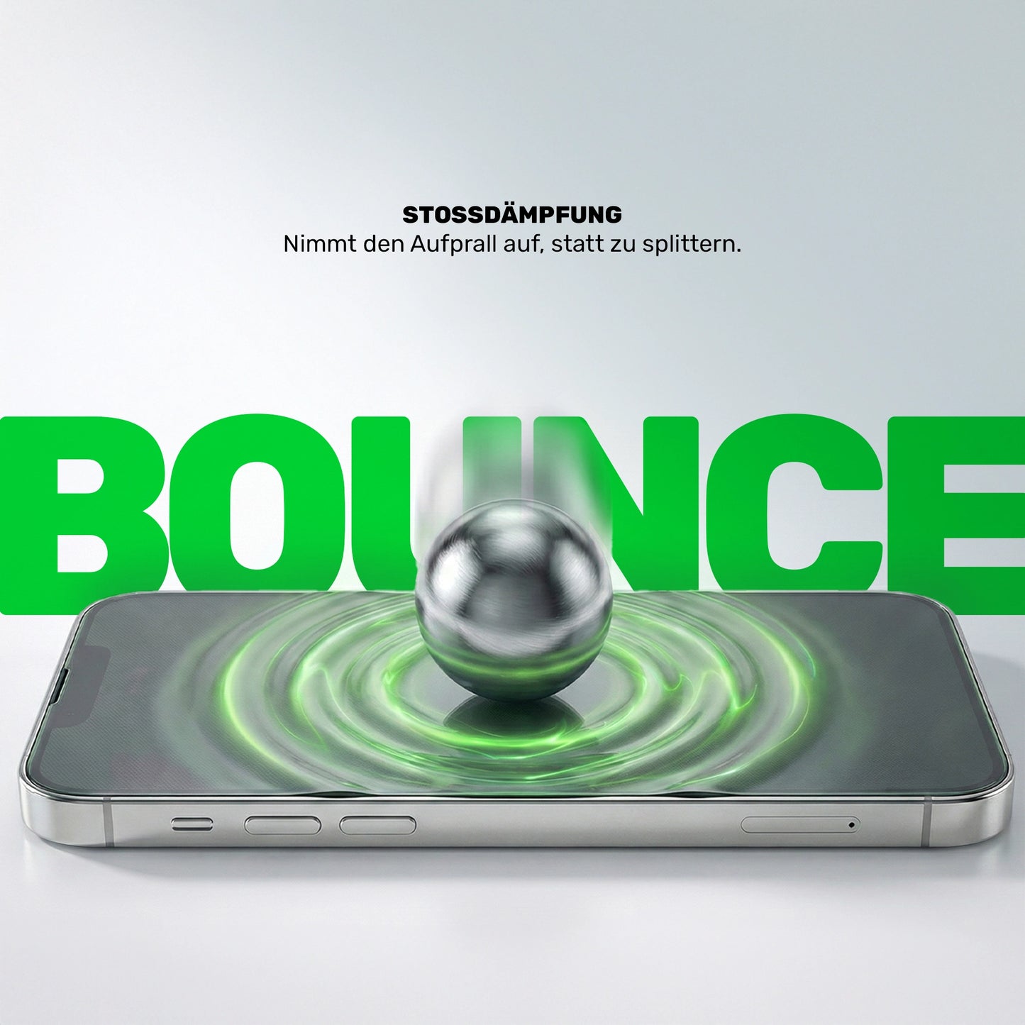 Panzerfolie Stoßdämpfung, Metallkugel prallt auf Smartphone Display, grüne Wellen zeigen Aufprall Absorption