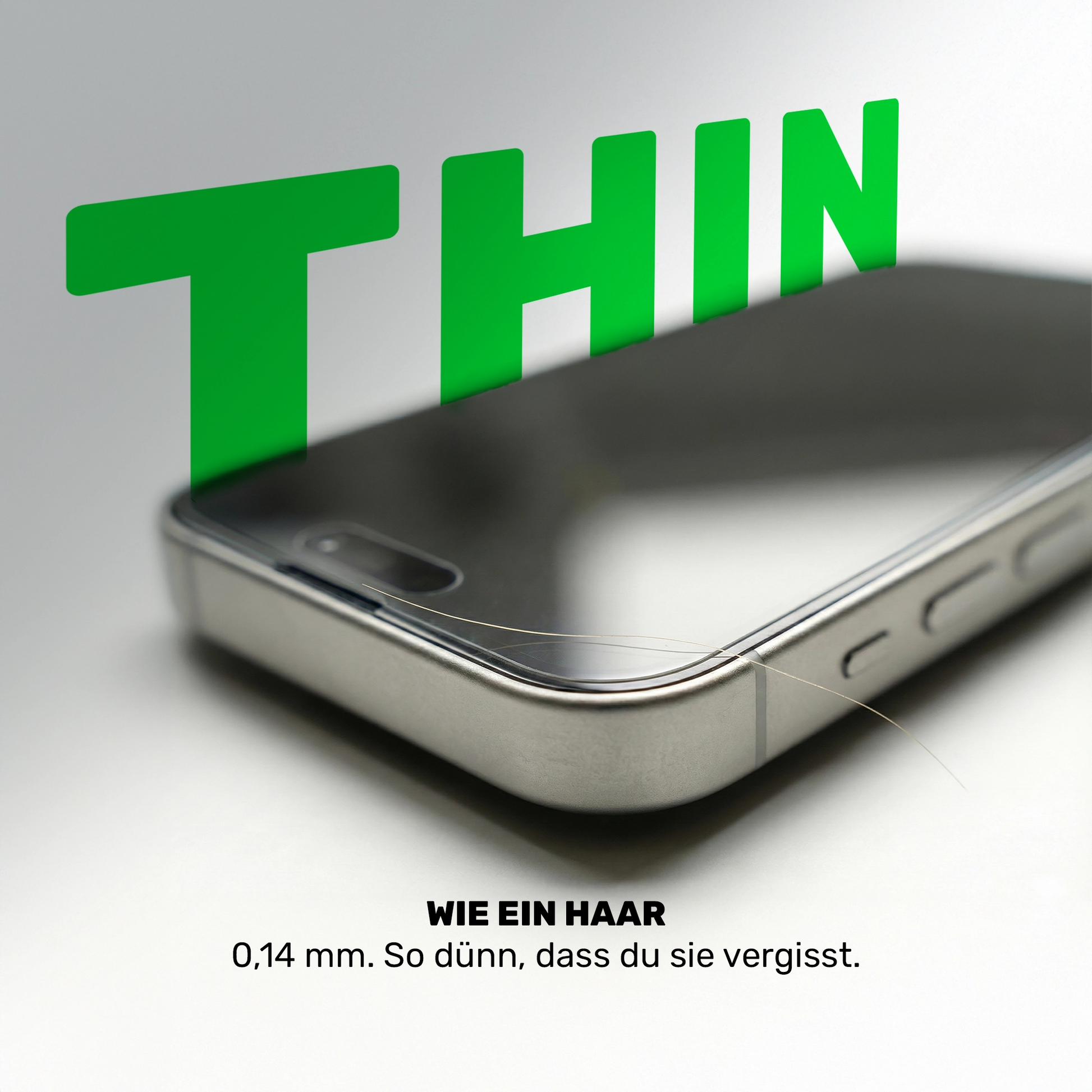 Panzerfolie ultradünn, Nahaufnahme Smartphone Ecke mit feiner Schutzschicht, Text 0,14 mm wie ein Haar zeigt minimale Dicke