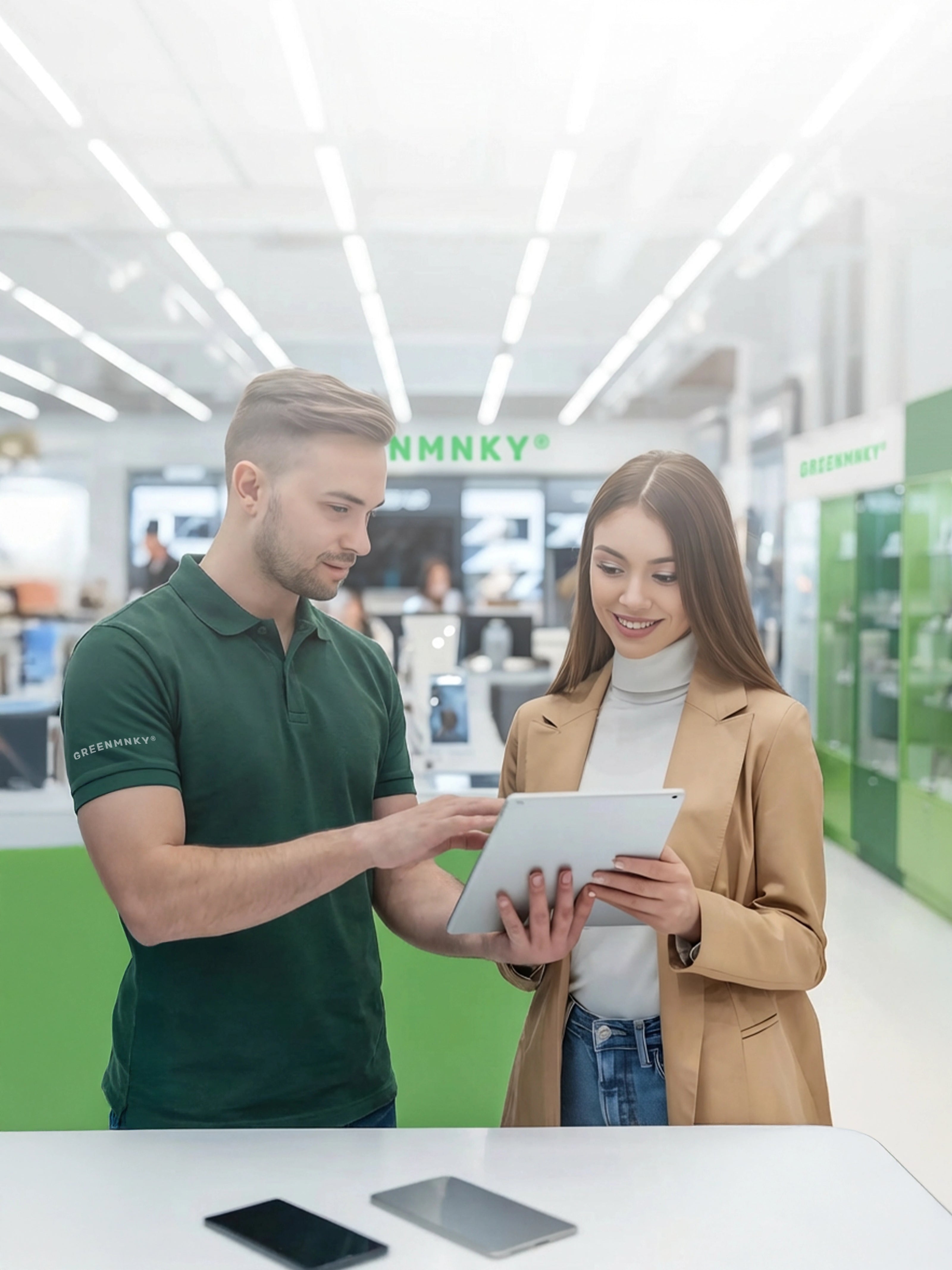 GREENMNKY Mitarbeiter im grünen Polo berät eine Kundin im Store und zeigt ihr auf einem Tablet Produkte, im Vordergrund liegen zwei Smartphones auf dem Tisch