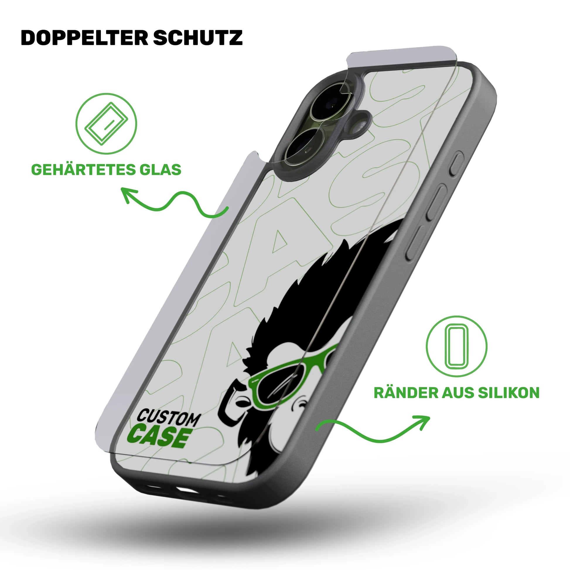 Materialaufbau der Personalisierte Handyhülle für iPhone 16 Hülle: Doppelter Schutz durch gehärtetes Glas und weichen Silikon-Rahmen