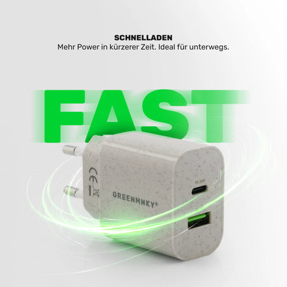Strohfarbenes GREENMNKY Schnellladegerät mit USB C und USB A Port und grünem Licht Effekt, groß das grüne Wort FAST und oben der Text Schnellladen