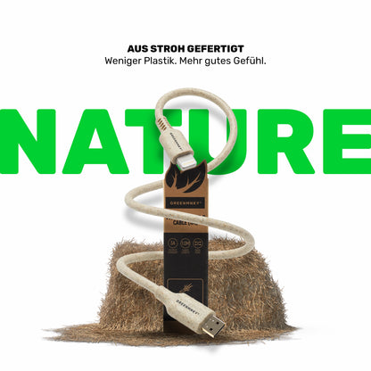 Strohfarbenes Ladekabel mit GREENMNKY Verpackung vor Strohballen, Anschlüsse Lightning und USB A, oben der Text Aus Stroh gefertigt und groß das grüne Wort NATURE