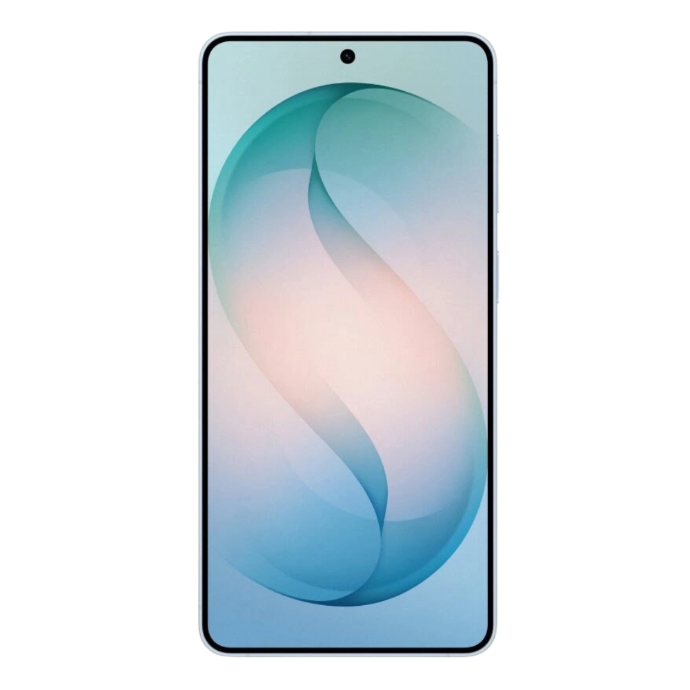 Samsung Galaxy S26 Plus Vorderansicht mit Rahmen, mittiger Punch Hole Kamera und blaugrünem Original Wallpaper